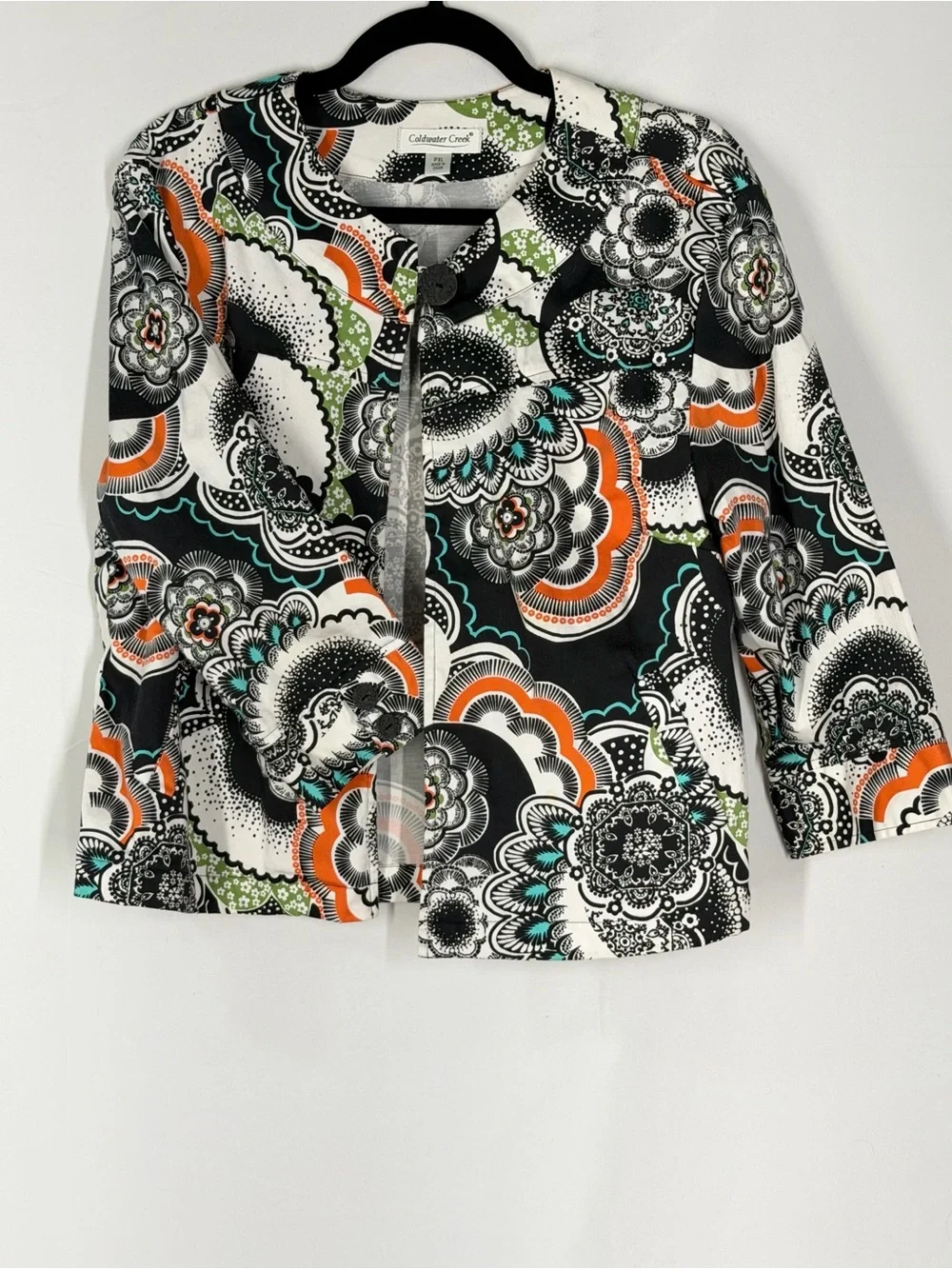Coldwater Creek Black, White, Orange & Green Floral-Print Cropped‎ Blazer